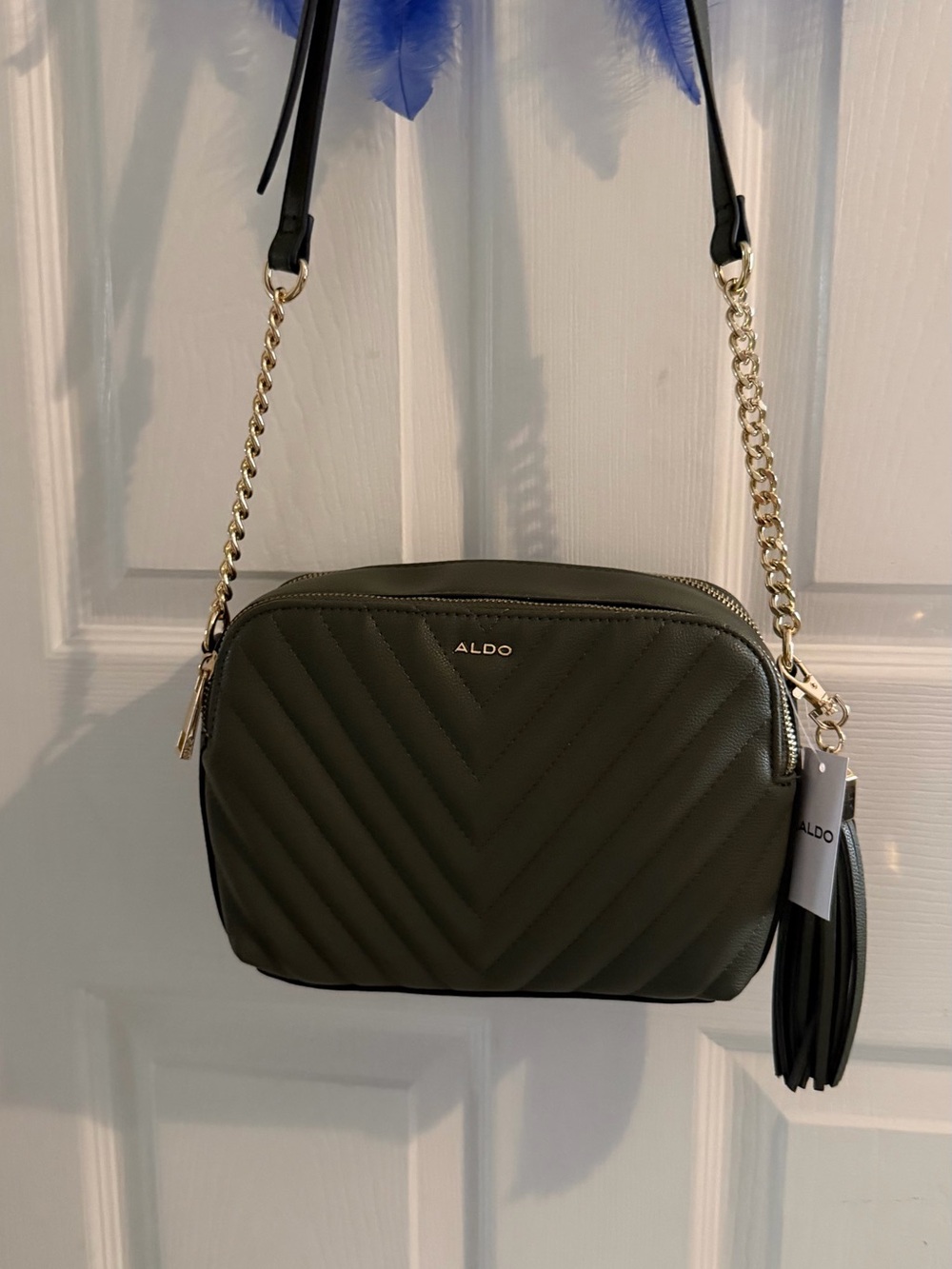 ALDO Olive Quilted Crossbody with Gold Chain and Tassel